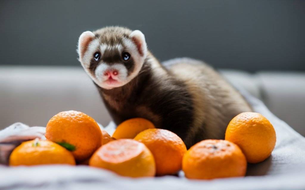 image of ferret with oranges for a post about can ferrets eat oranges